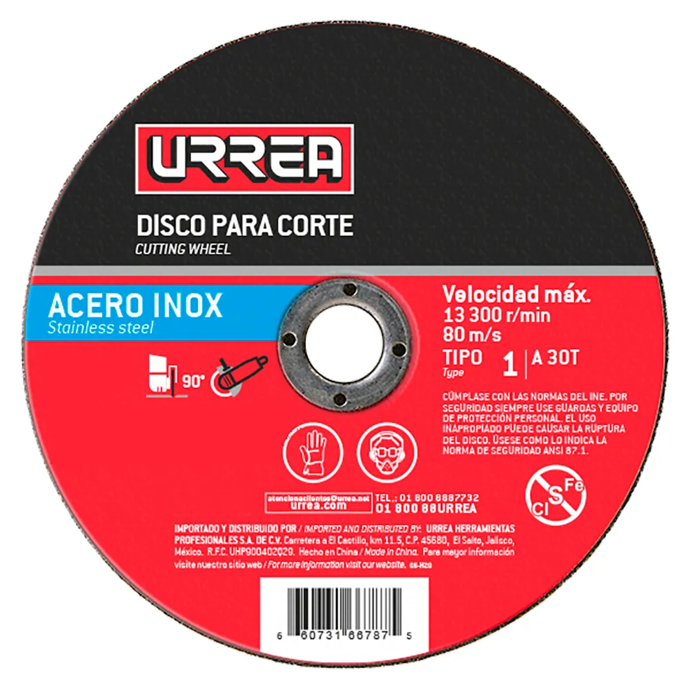 Disco abrasivo tipo 1 para acero inoxidable, 13 300 RPM, 4-1/2" x 3/64" Urrea — Paquete de 5 piezas