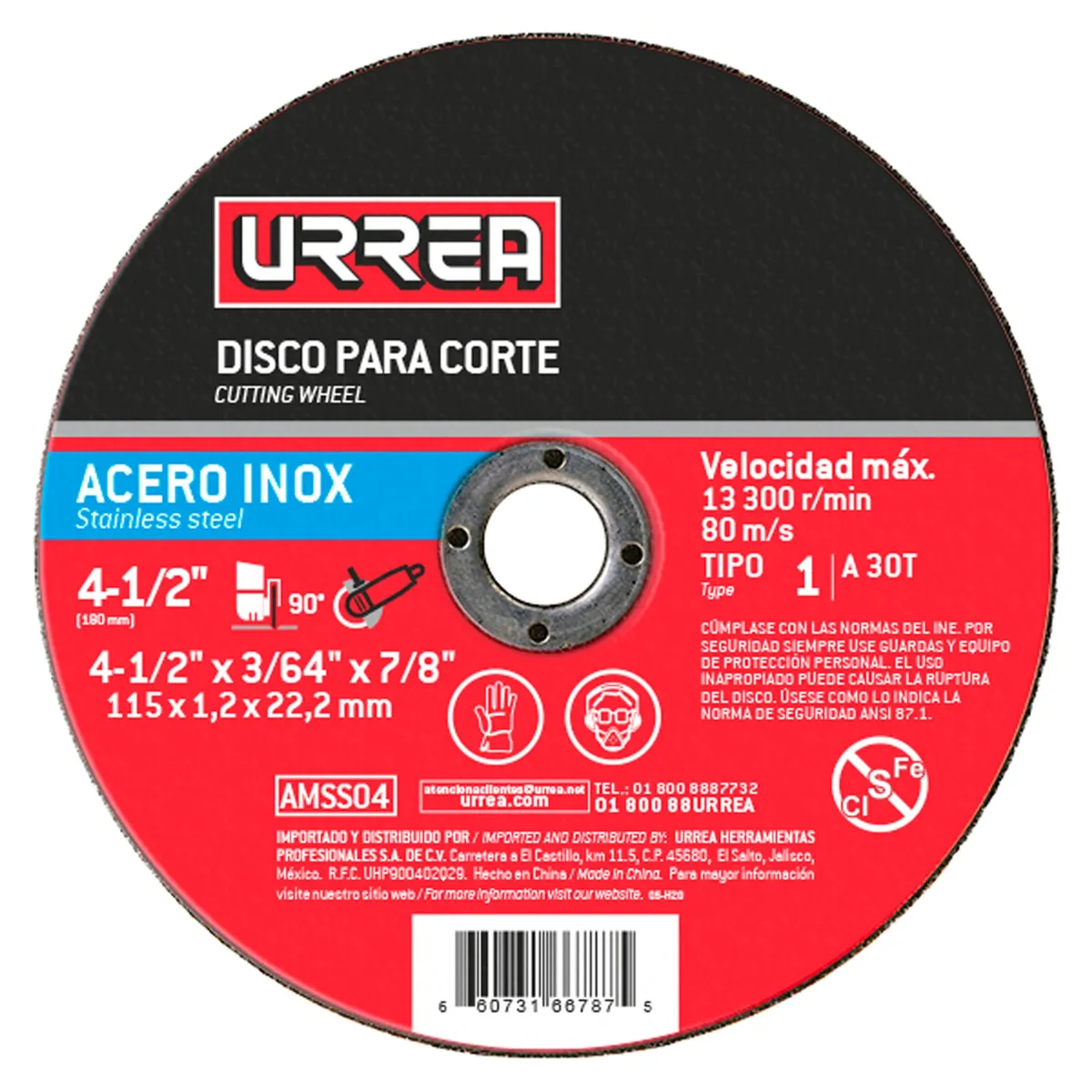 Disco abrasivo tipo 1 inoxidable 4-1/2 x 1/16" x 7/8" Urrea — Paquete de 10 piezas