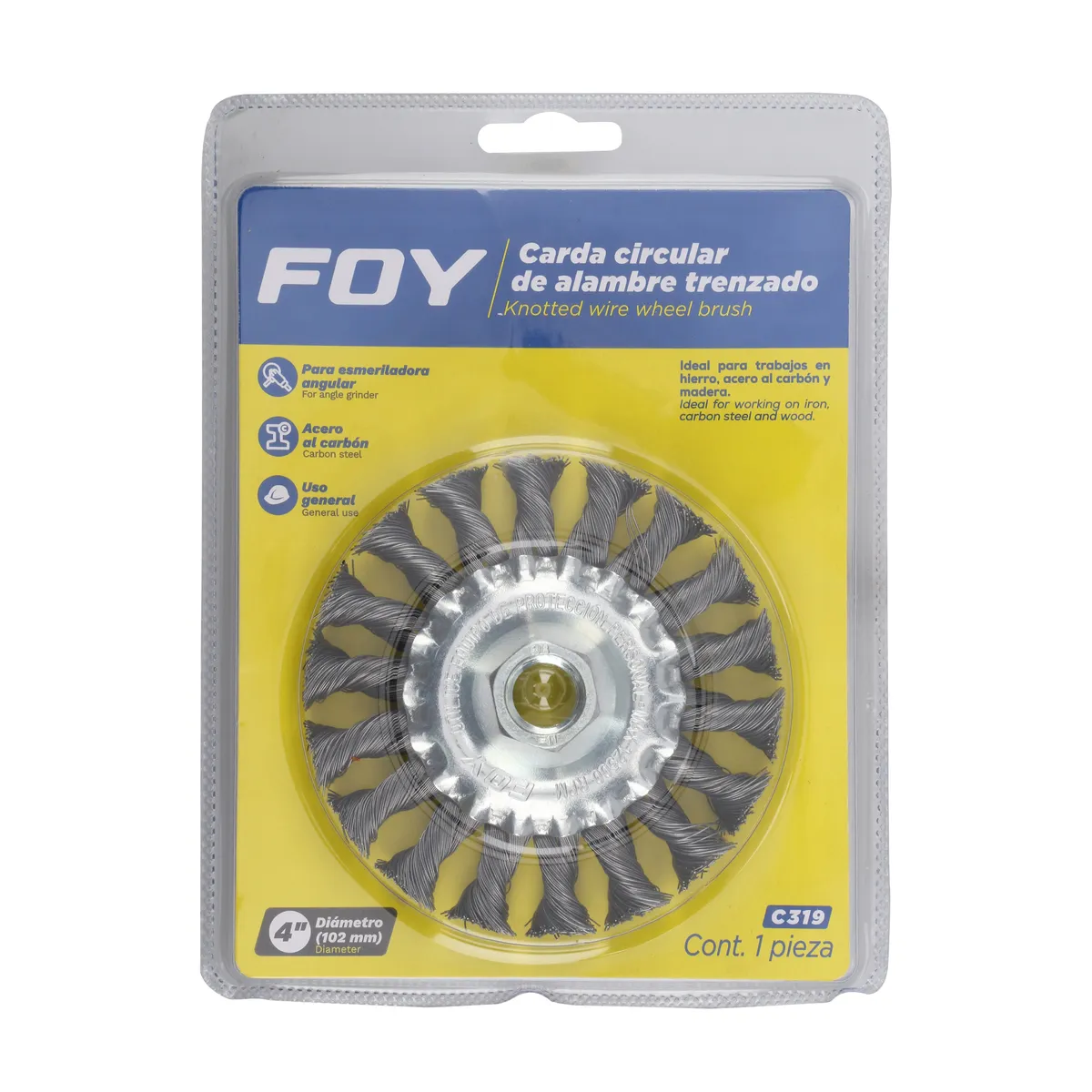 Carda circular trenzada alambr e delgado 4" x 0.35 con rosca M14 Foy