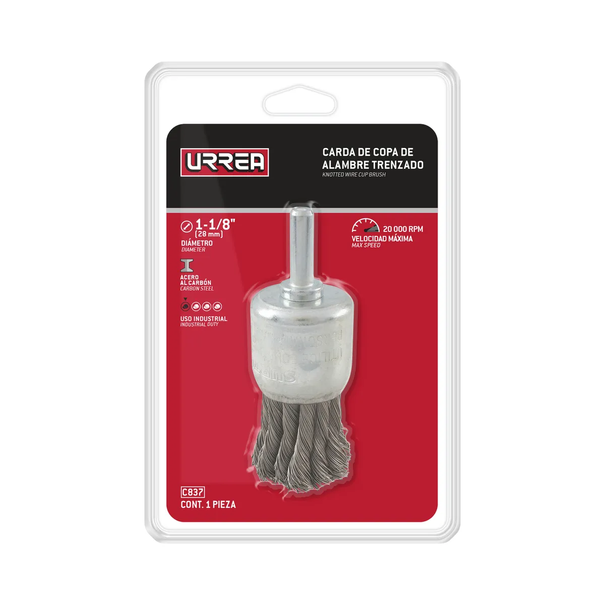 Carda copa trenzada alambre de lgado 1-1/8" x 0.35 mm con zan co 1/4" Urrea