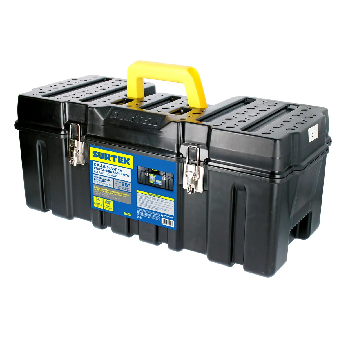 Caja portaherramientas plástica con broches metálicos color negro 26" x 10" x 10" Surtek