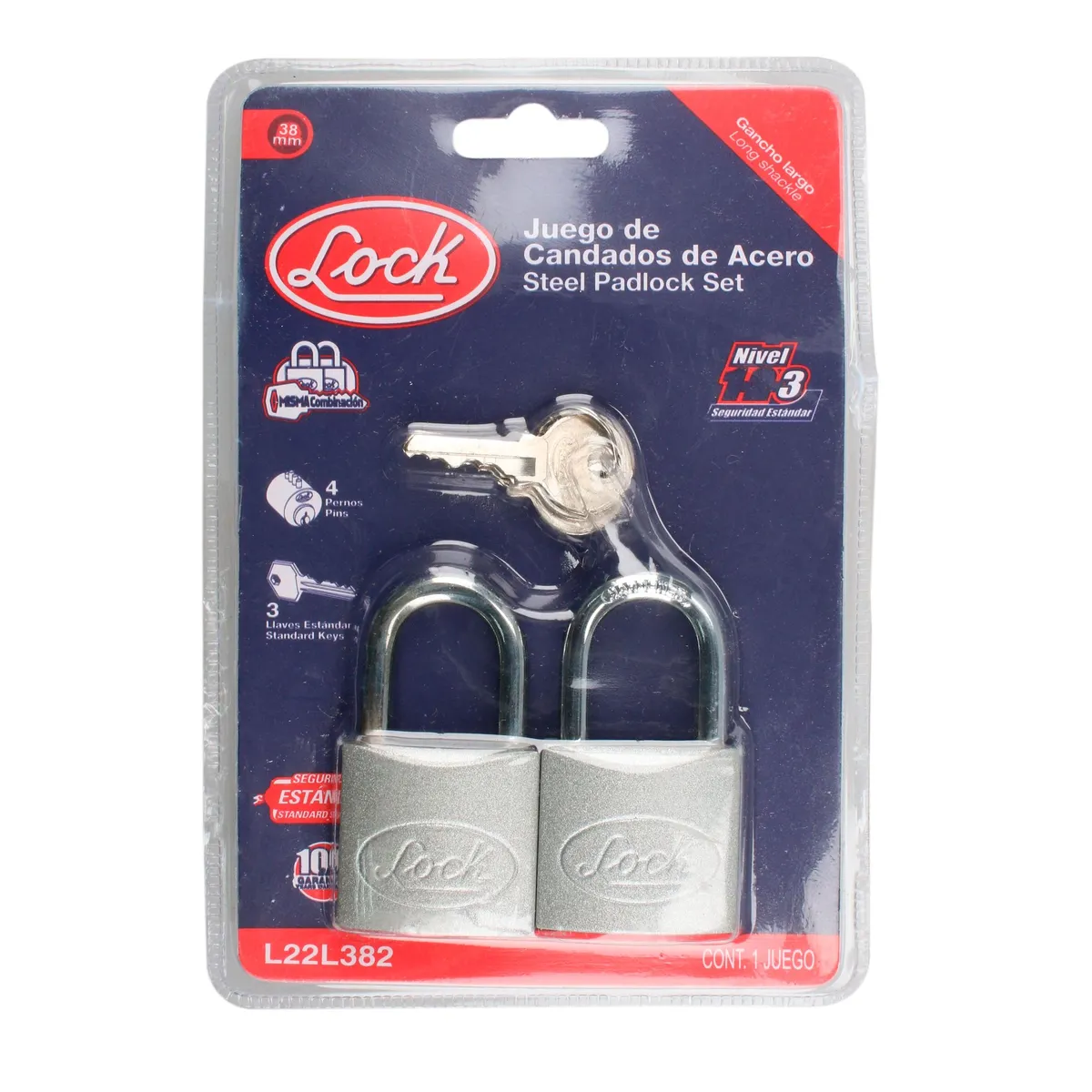 Candado acero largo llave estándar 2 piezas cromo satinado Lock