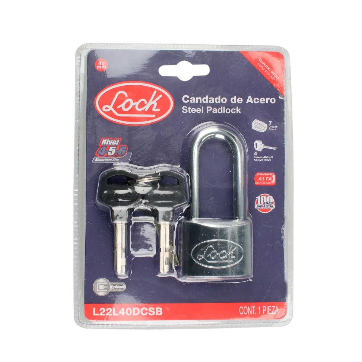 Candado acero largo llave de discos 40mm cromo satinado Lock