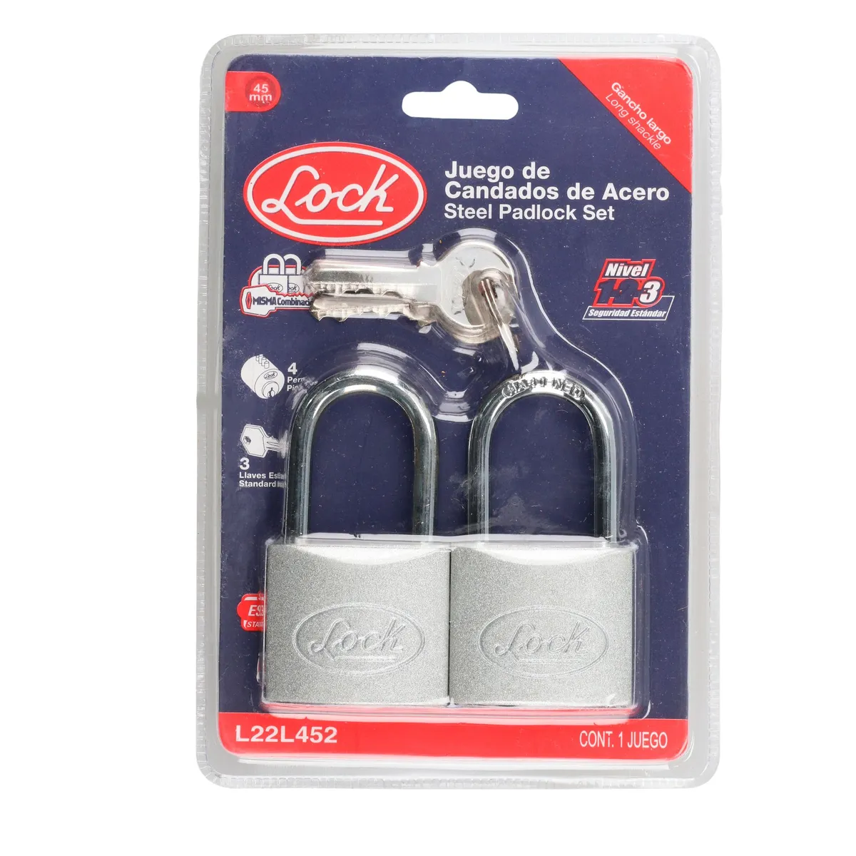 Candado acero largo llave estándar 2pzs cromo satinado Lock