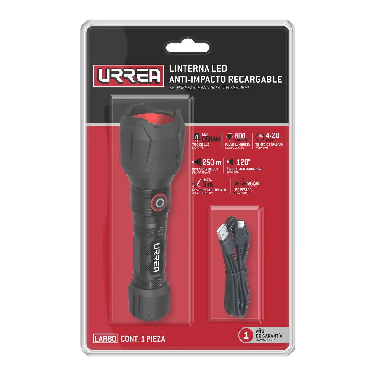 Linterna de LED anti-impacto r ecargable de 800 lm Urrea