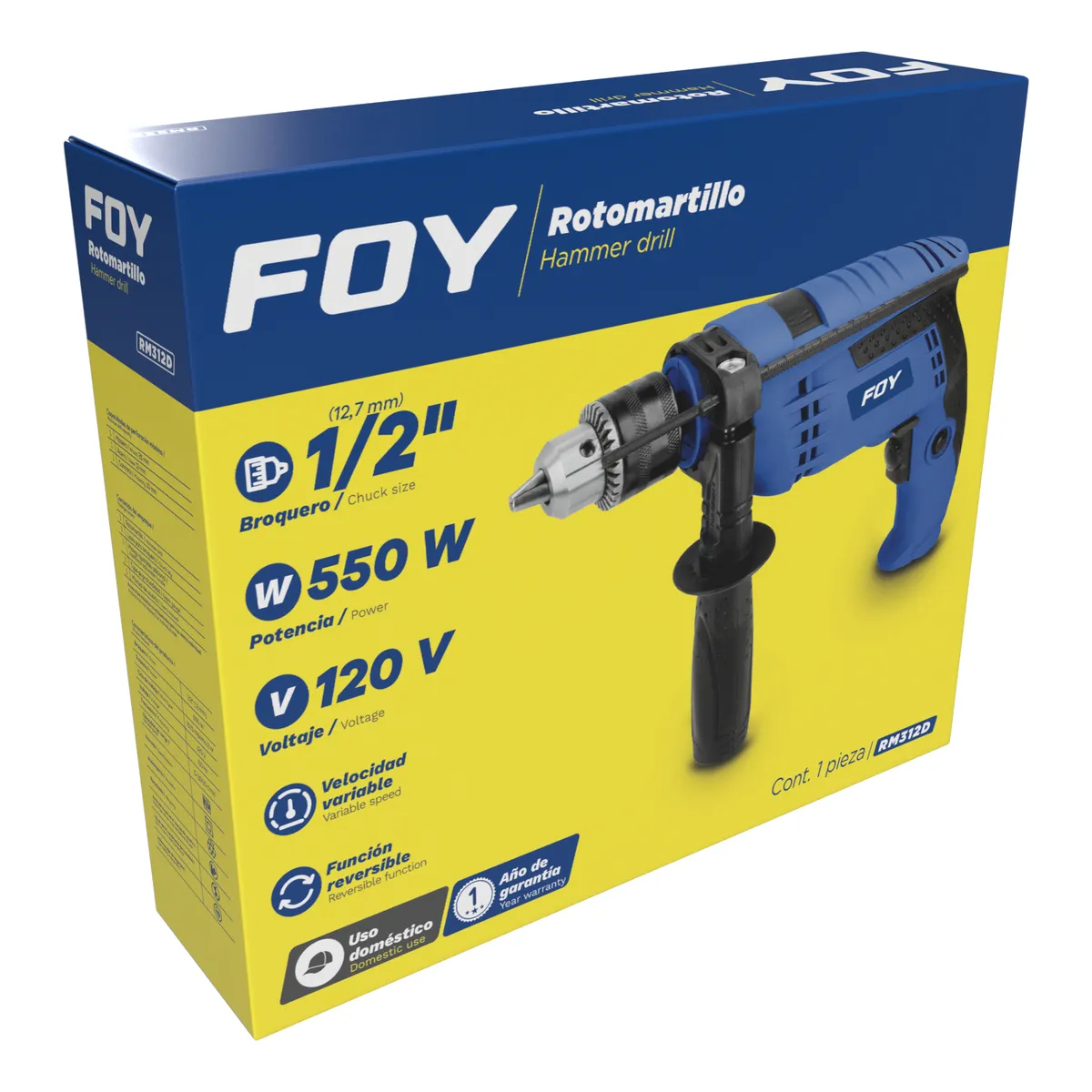 Rotomartillo 1/2" 550 W, 120 V , 0 - 3000 RPM con mango adici onal ajustable Foy