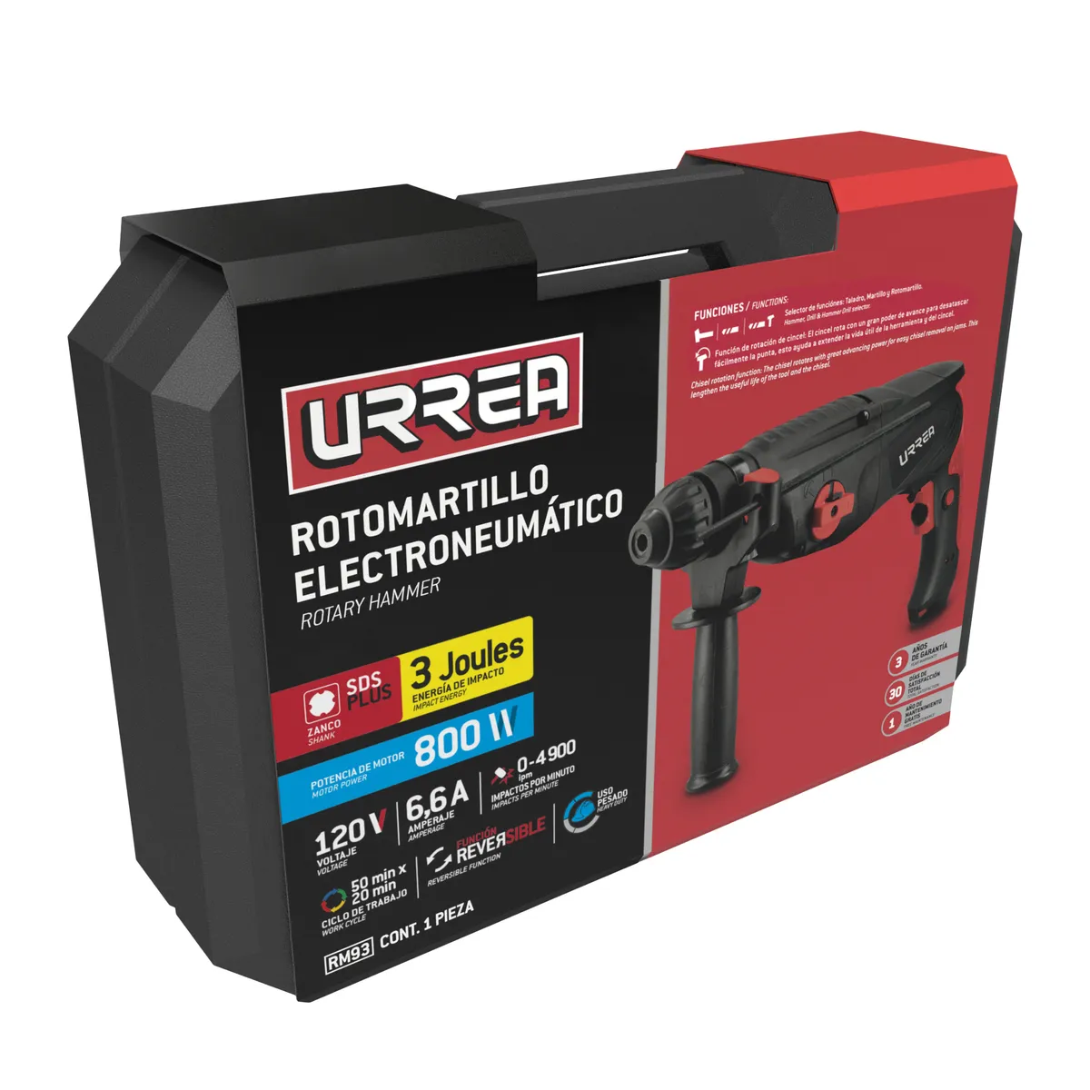 Rotomartillo electroneumático SDS Plus 800 W, 120 V, 3J, 0-1 100 RPM Urrea
