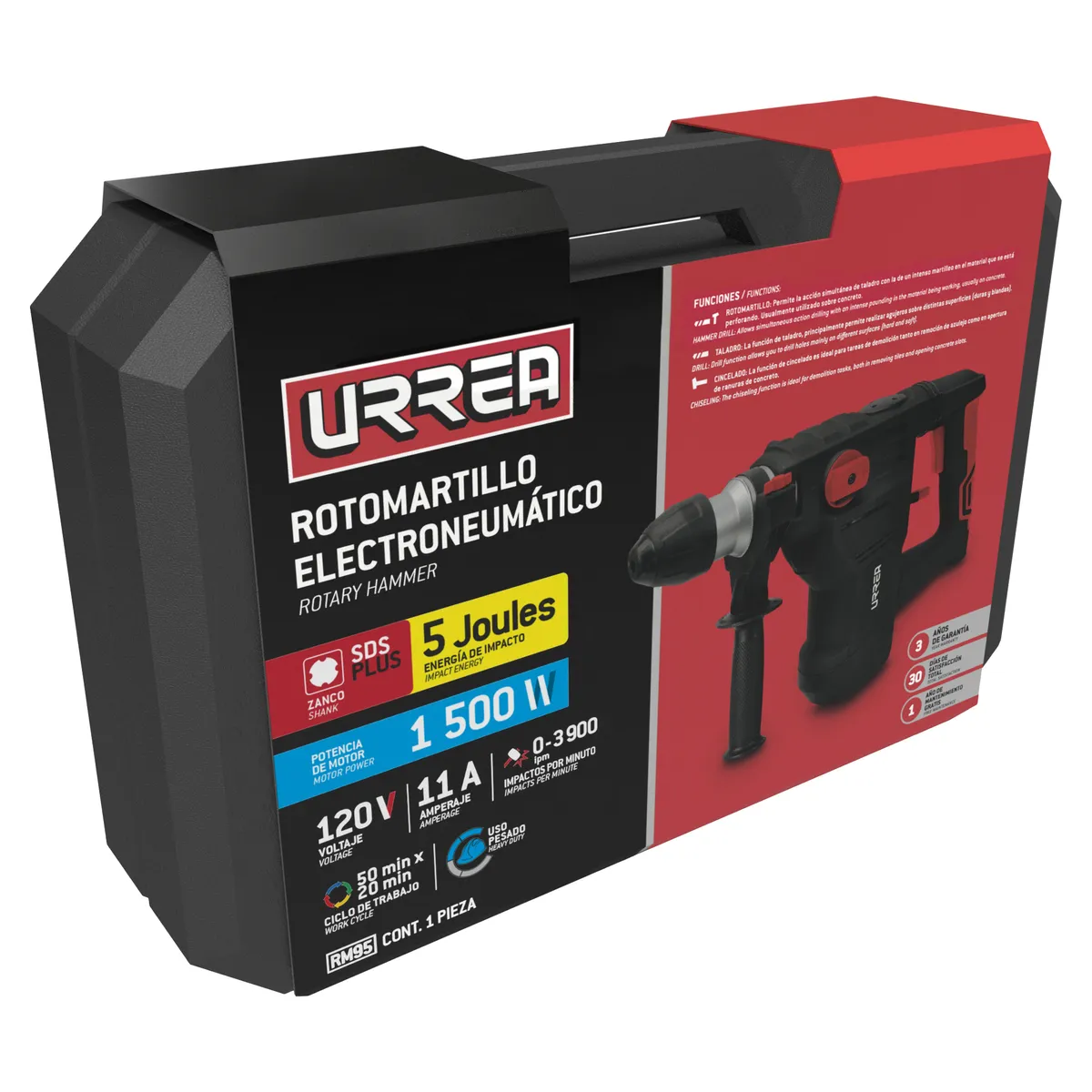 Rotomartillo electroneumático SDS Plus 1320 W, 120 V, 5J, 0- 800 RPM Urrea