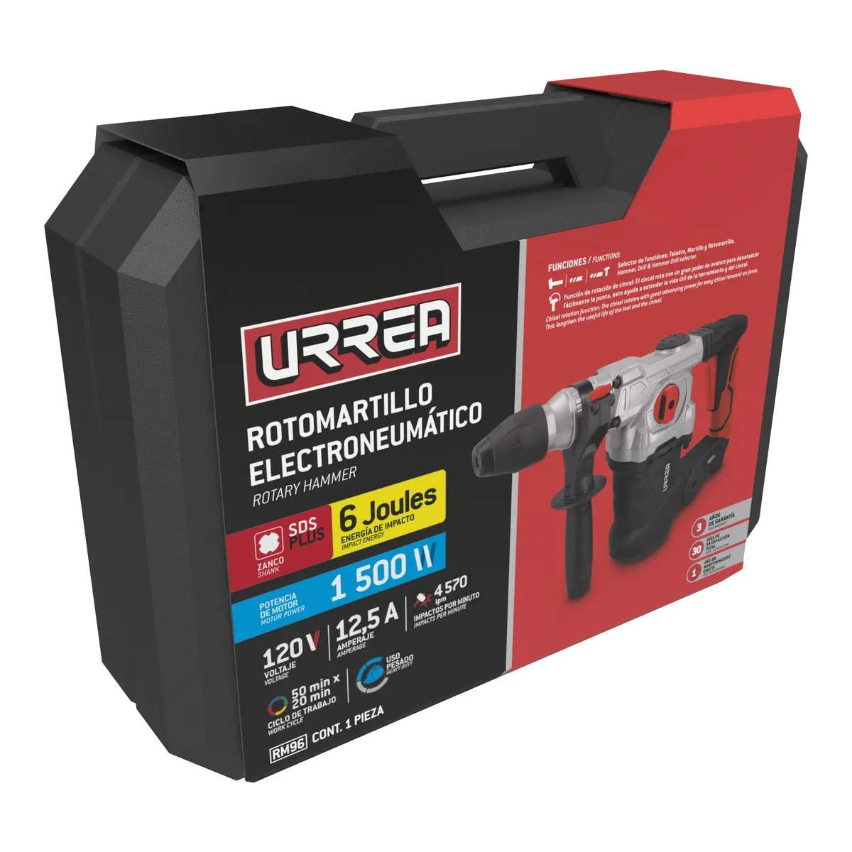 Rotomartillo electroneumático SDS Plus 1500 W, 120 V, 6J, 0- 850 RPM Urrea