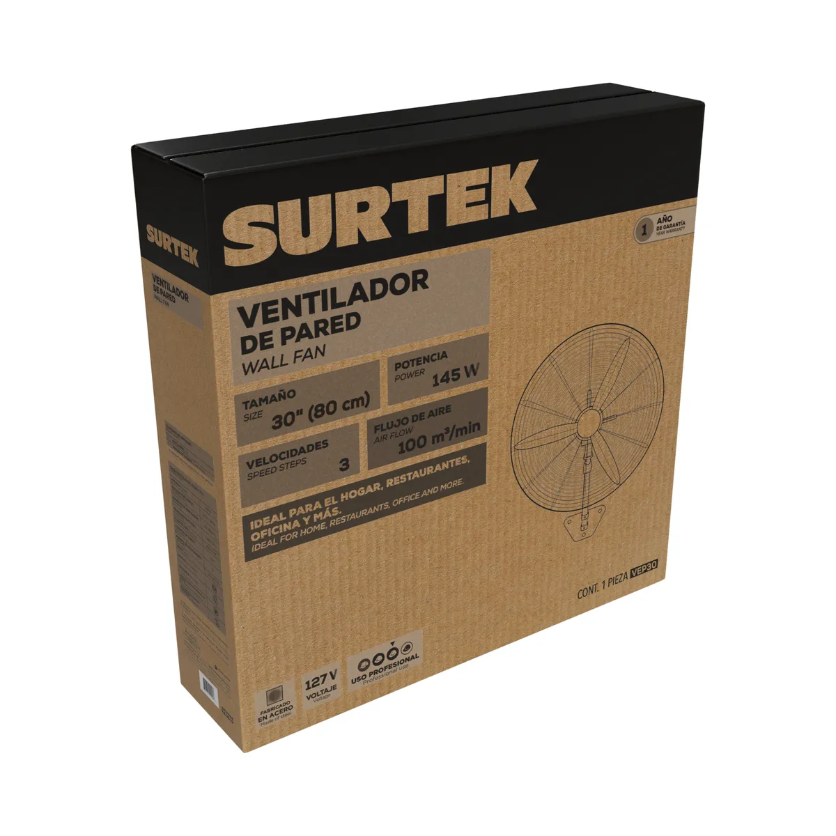 Ventilador de pared 3 velocida des, 30" Surtek